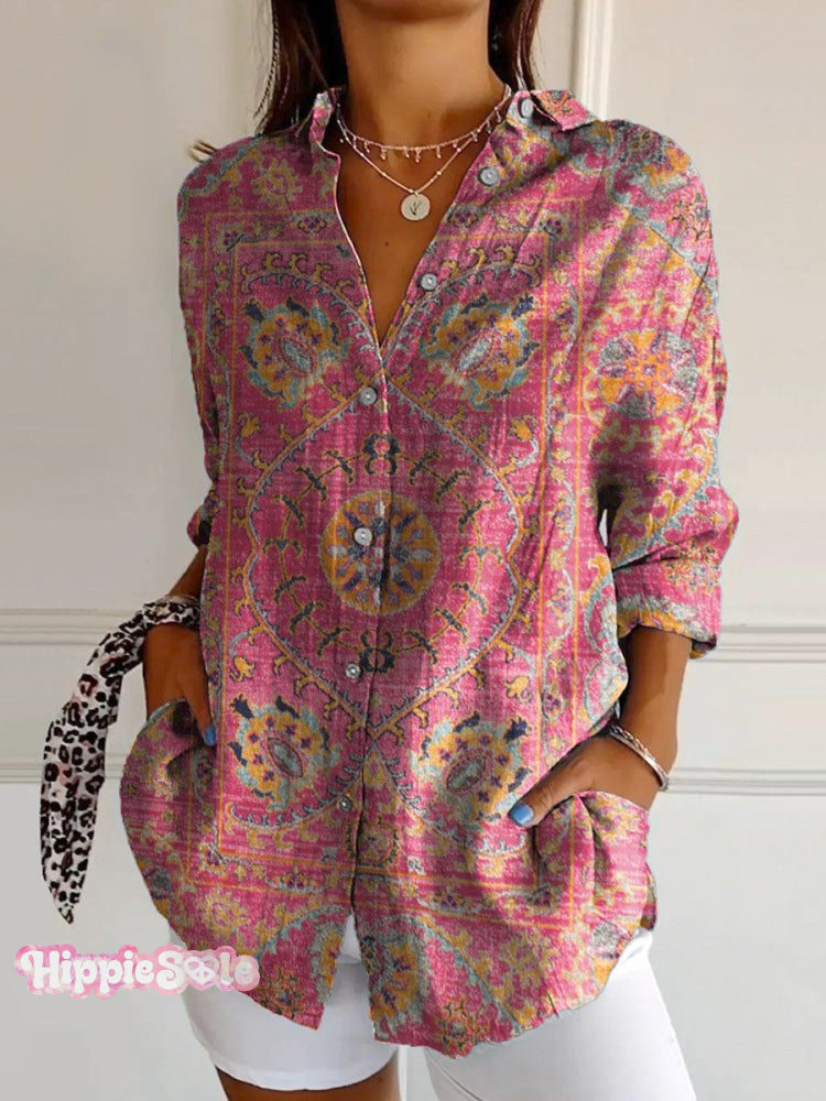 Women&rsquo;s Colorful Retro Totem Print Casual Cotton Shirt Multicolor / S