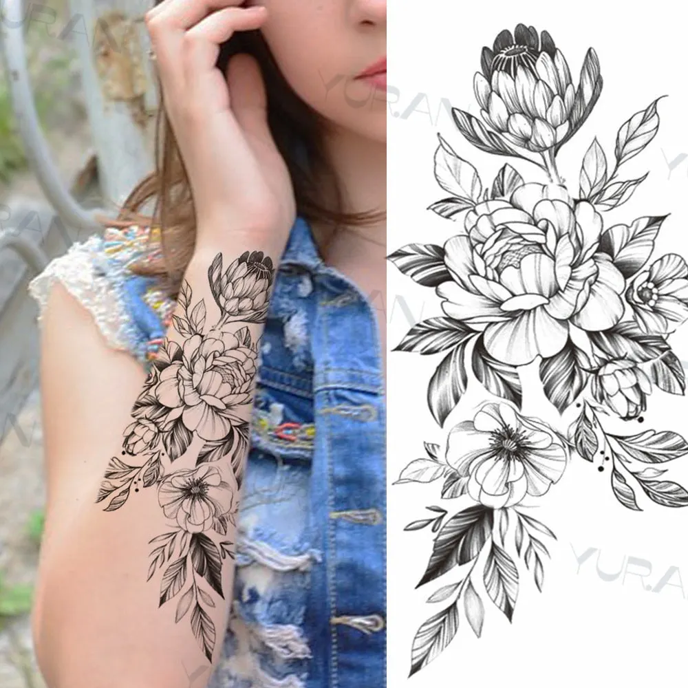 Black Large Snake Flower Fake Tattoo Sticker For Women Dot Rose Peony Temporary Tattoos DIY Water Transfer Tatoos Girls 530