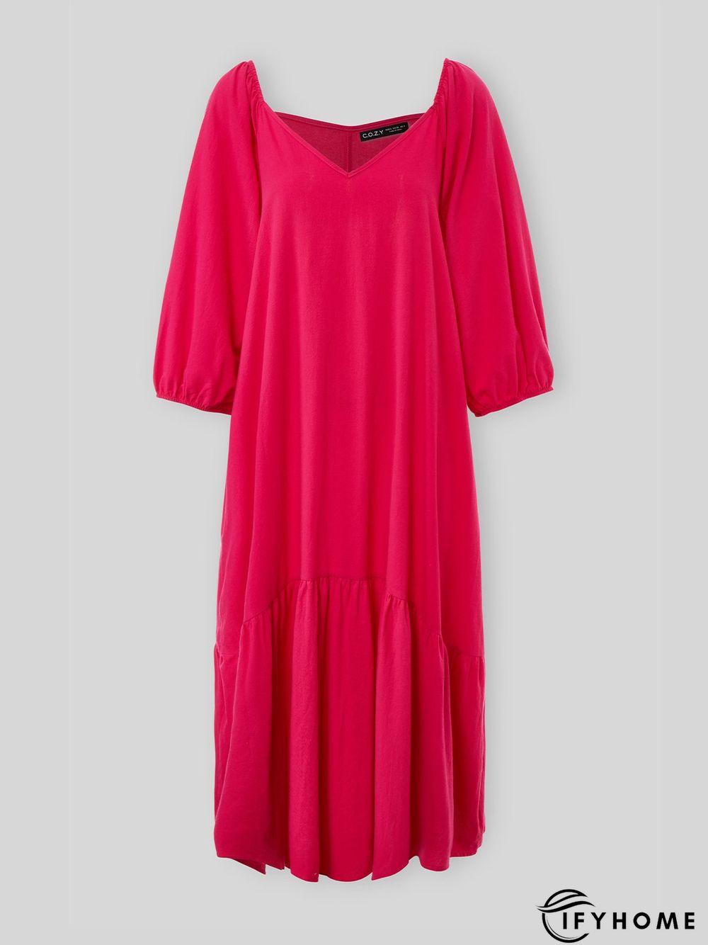 Plain Holiday Balloon Sleeve Cotton-Blend Weaving Dress | IFYHOME