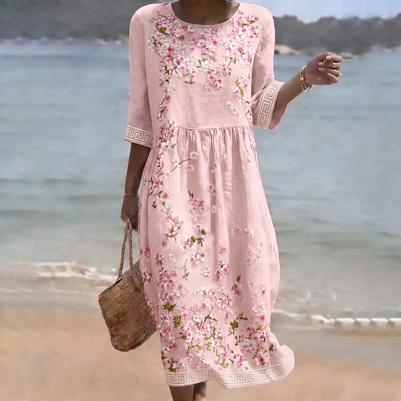 Women's Japanese Sakura Art Print Linen Blend Midi Dress