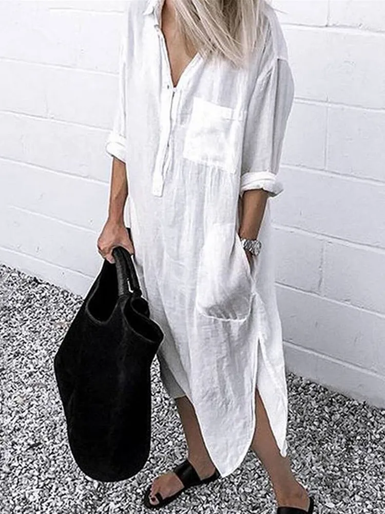 Womens Casual Pure Color Cotton Shirt Dress