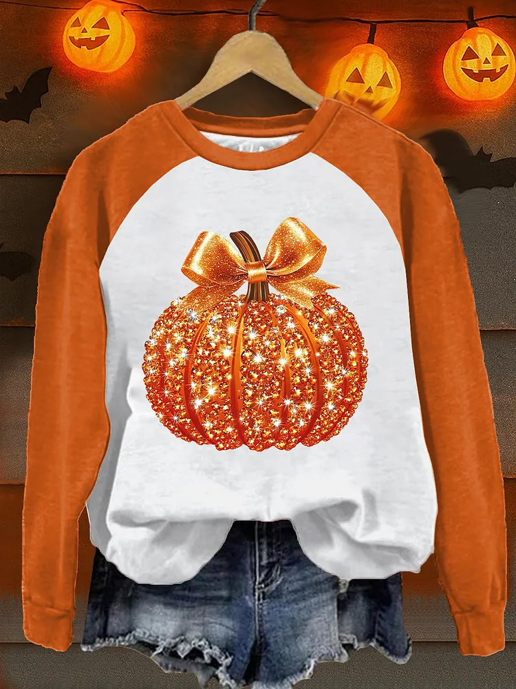 Women'S Retro Autumn Pumpkin Print Raglan Sleeve Sweatshirt 