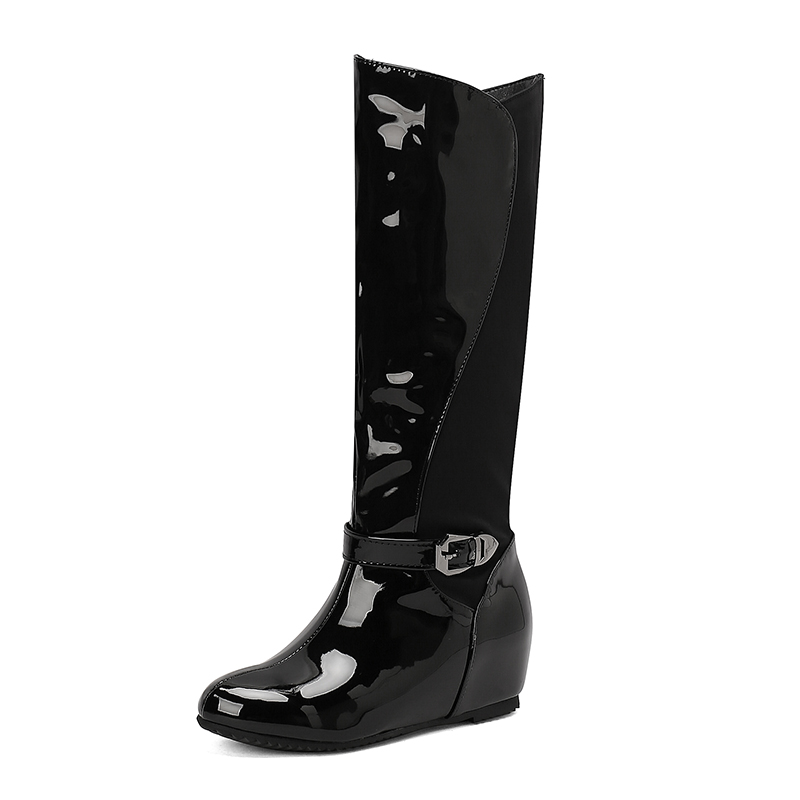 GOOSHOE Glossy Patent Leather Round Toe Sloping Heel Slip-On Women's Knee High Boots Ankle Metal Belt Buckle Boots