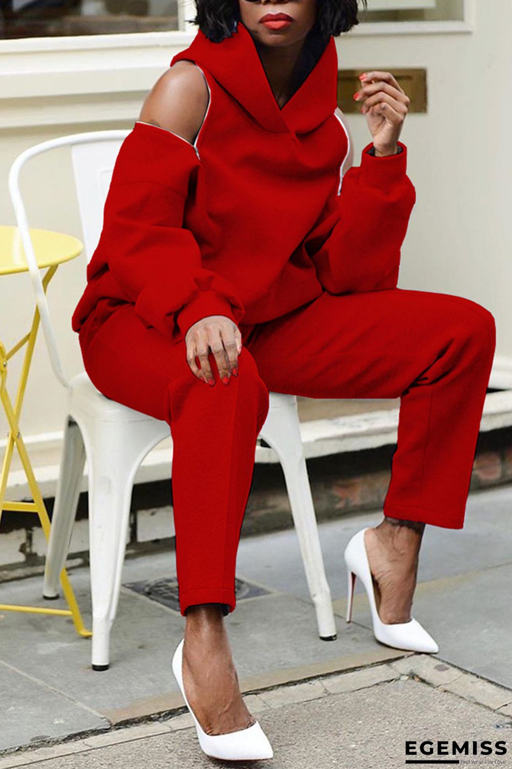 Red Active Casual OL Solid backless Zippered HOLLOWED OUT Straight Long Sleeve Two Pieces | EGEMISS