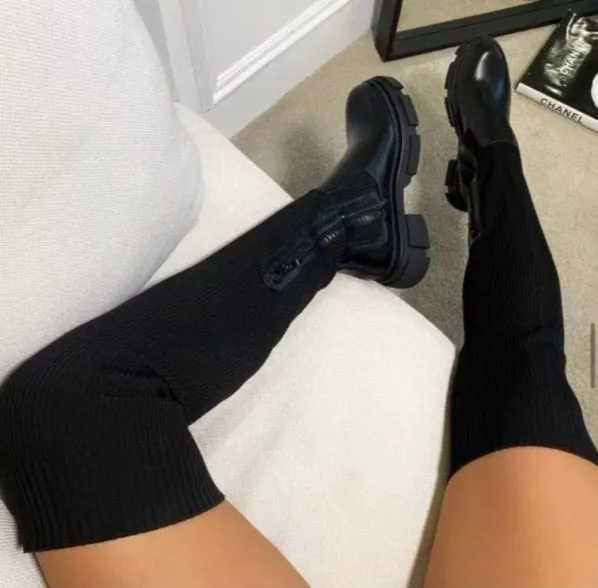 2022 Flats Shoes Thick Sole Boots Autumn Winter Breathable Knitting Upper Women Thigh High Boots Stretch Round Toe Black Boots