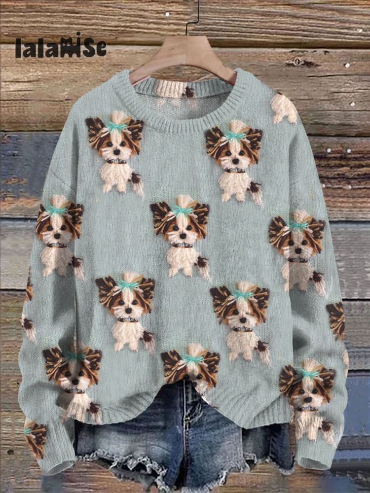 Blue Cute Dog Print Knit Pullover Sweater / S