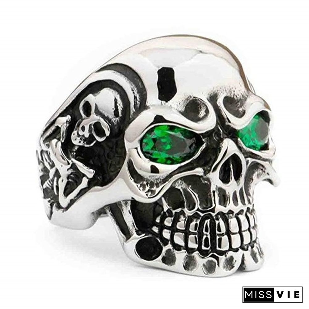 Vintage Gem Eye Skull Ring for Men Male Gothic Punk Biker Skeleton Stainless Steel Jewelry
