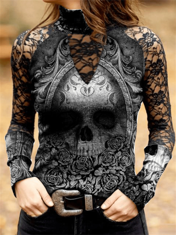 Vintage Skull Graphic Lace Patchwork T Shirt elevenforest