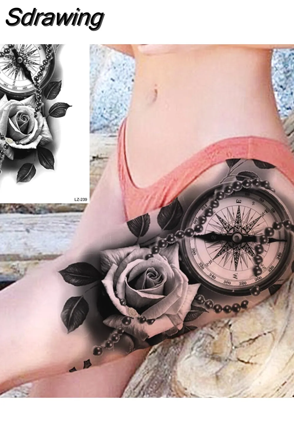 Sdrawing Peony Flower Temporary Tattoos For Women Adults Realistic Compass Moon Pendant Fake Tattoo Sticker Arm Body Tatoos 507-1