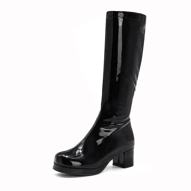 Gdgydh Women Patent Leather Boots 2021 Autumn Winter High Heel Platform Mid Calf Boots For Women Colorful Fashion Light PU Boots