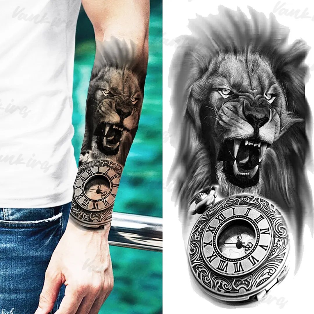 Sdrawing Lion Knight Temporary Tattoos For Men Adults Realistic Tiger Skeleton Fake Tattoo Sticker Arm Water Transfer Tatoos 3D