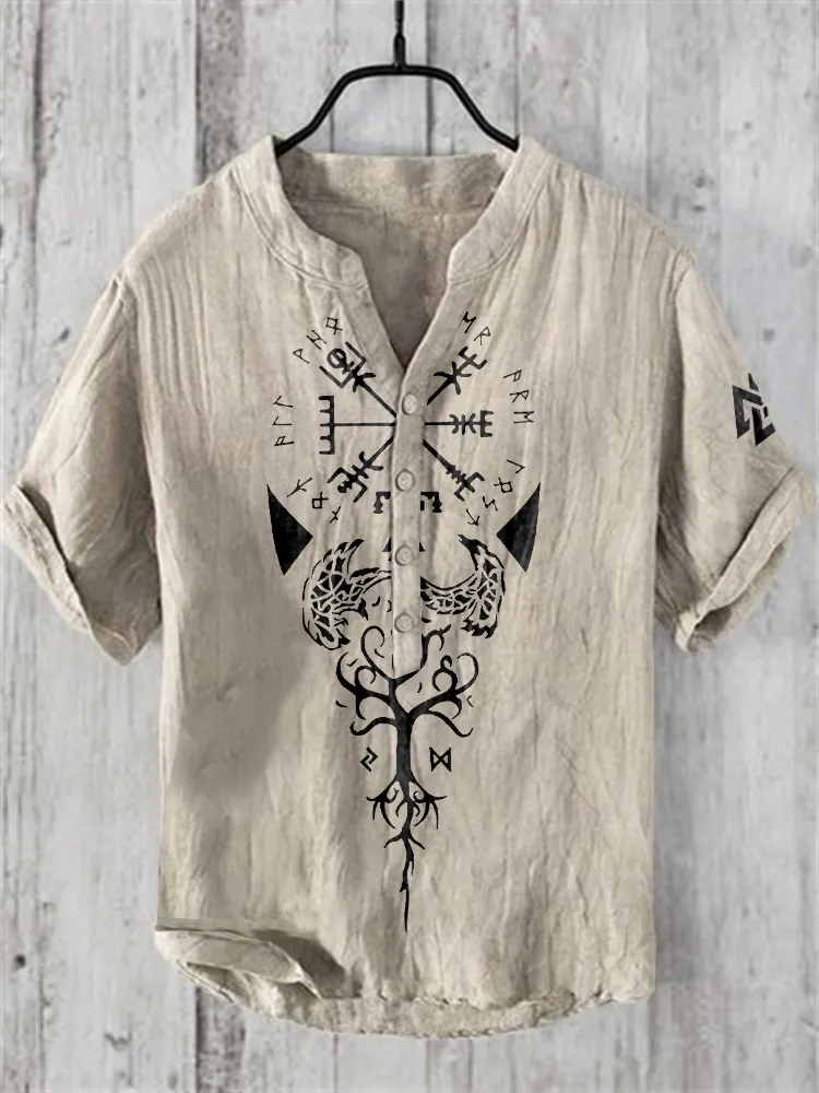 Men's Viking Graphic Art Linen Blend Shirt