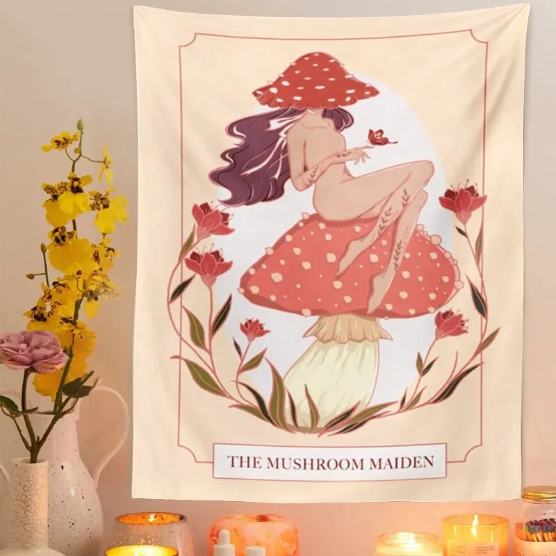 Pink Mushroom girl Tapestry Wall Decor Girls Dorm Room Wall Hanging Aesthetic Room Witchcraft Psychedelic Wall Decoration