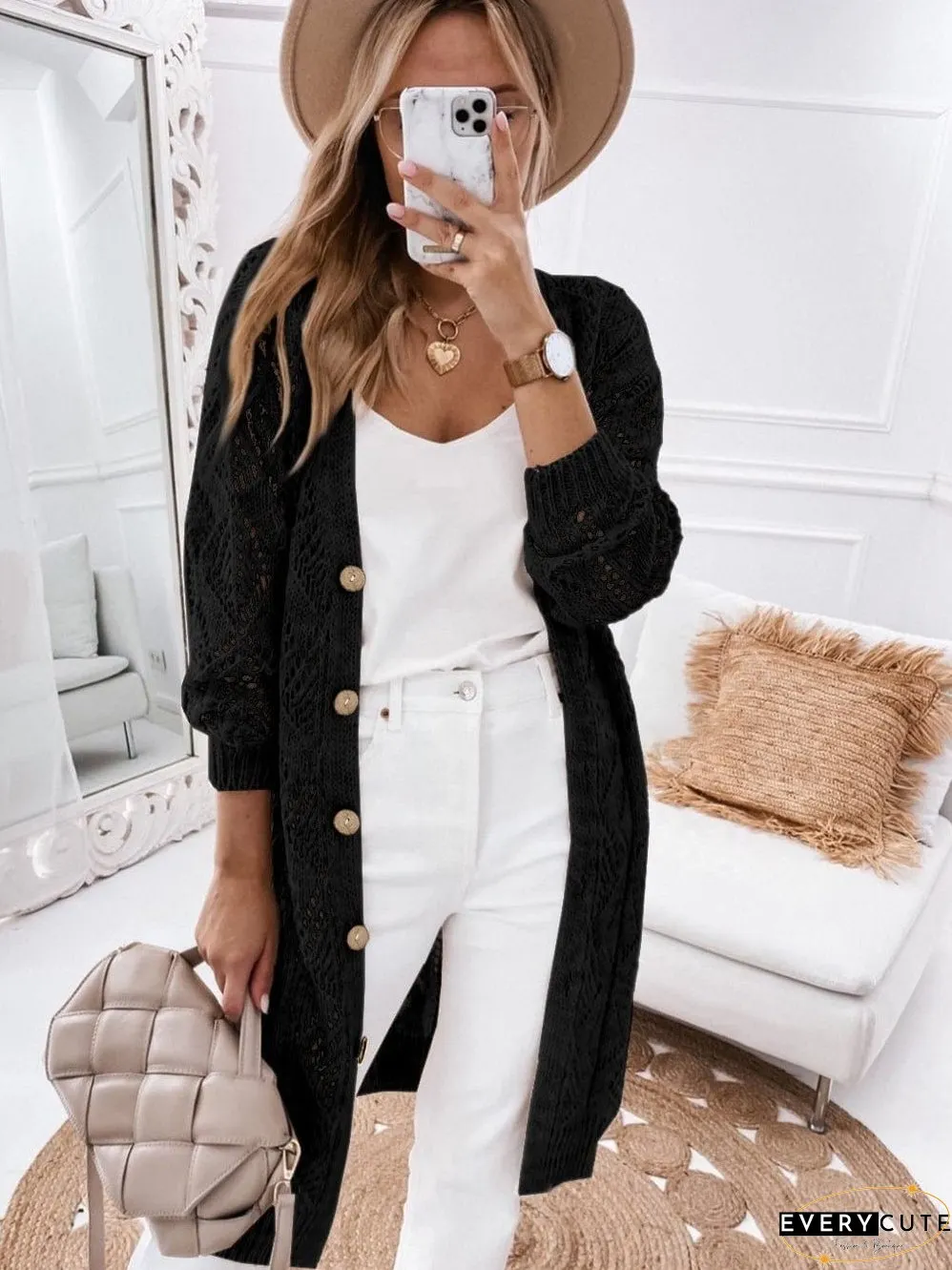 Elegant Black Crochet Knit Openwork Cardigan