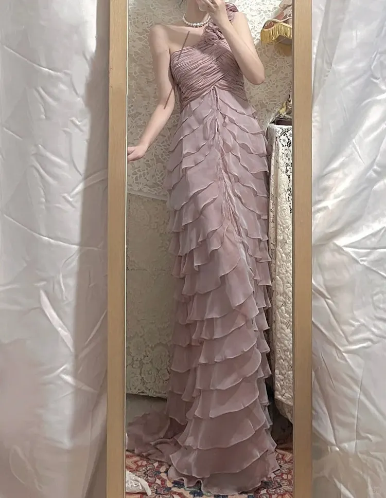 Lilac Floral Elegant Long Chiffon Ball Gown Evening Gown Party Dress Bridesmaid Dresses