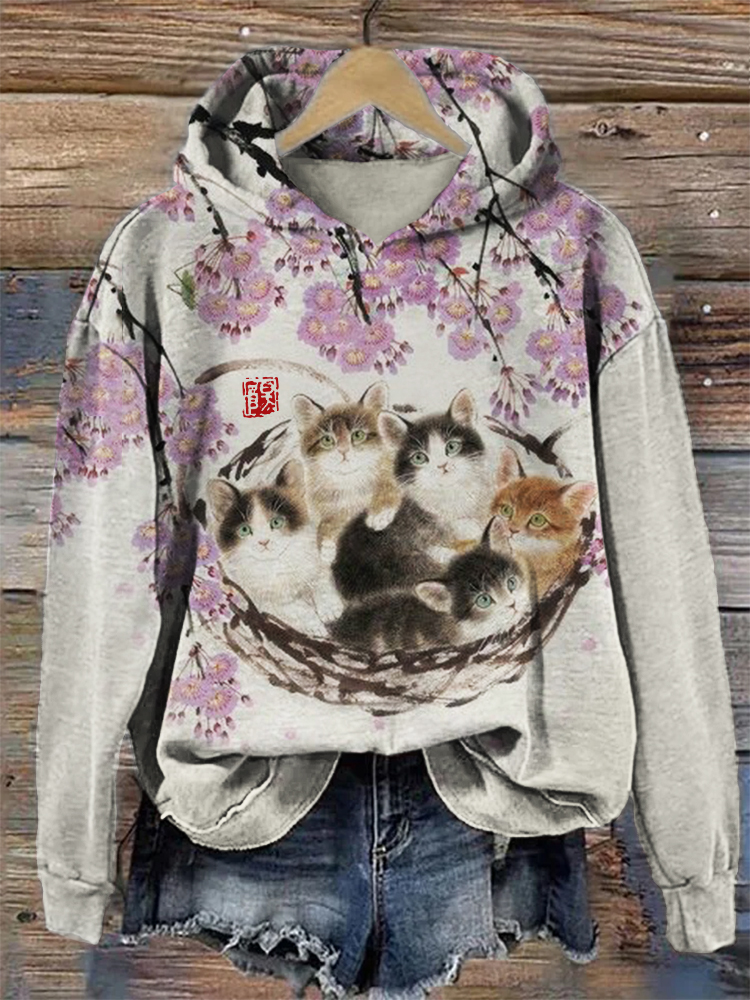 Fuzzy Cat Under Floral Tree Art Cozy Hoodie