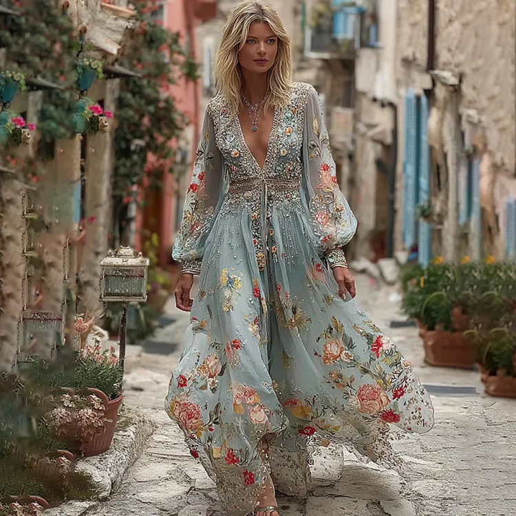 Women's Vintage Floral Art V-neck Casual Long Sleeve Maxi Dress