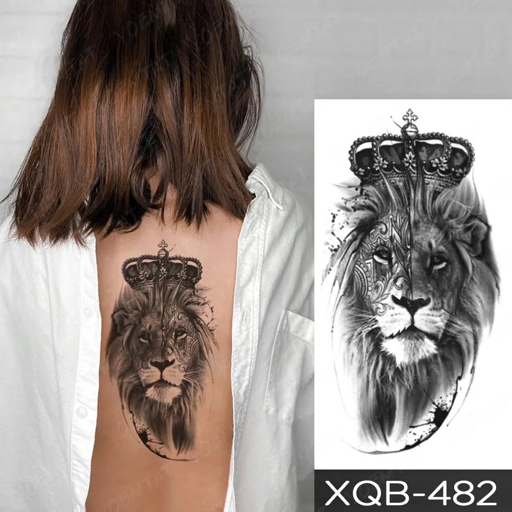 Sdrawing Temporary Tattoo Stickers Fox Lion Tiger Wolf Peony Rose Flowers Leaf Flash Tatto Women Men Body Art Arm Fake Tattoos