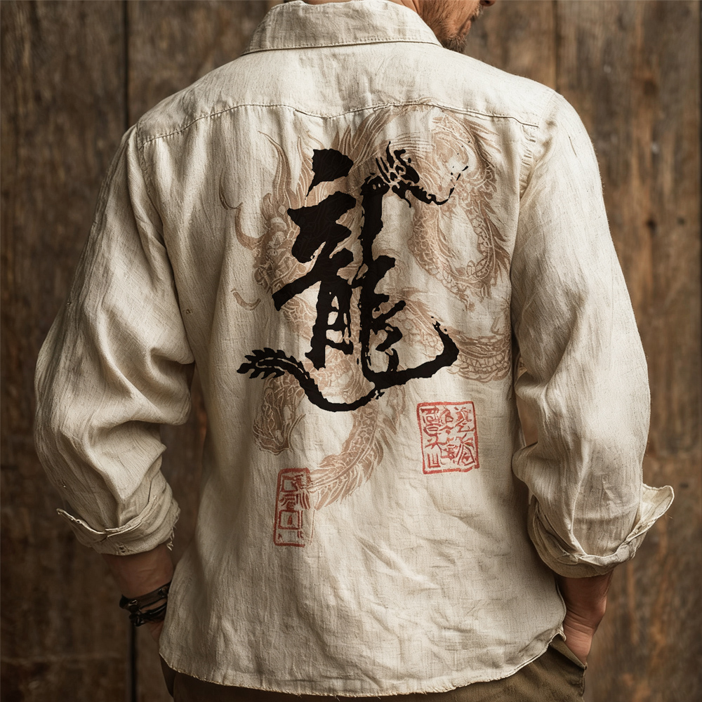 Japanese Dragon Calligraphy Seal Men's Linen Long-sleeve Shirt