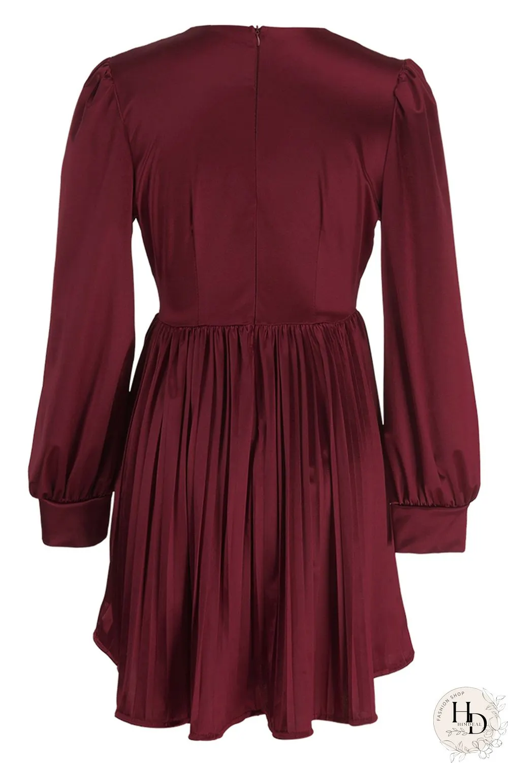 Burgundy Casual Solid Patchwork Fold V Neck Pleated Dresses