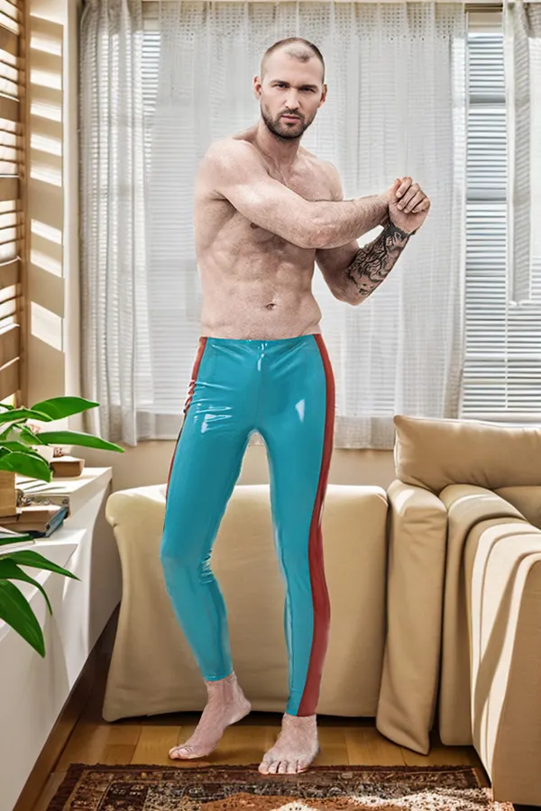 Men's Latex Leggings Male Wide-Striped Ankle-Length Light Blue & Red Leggings 
