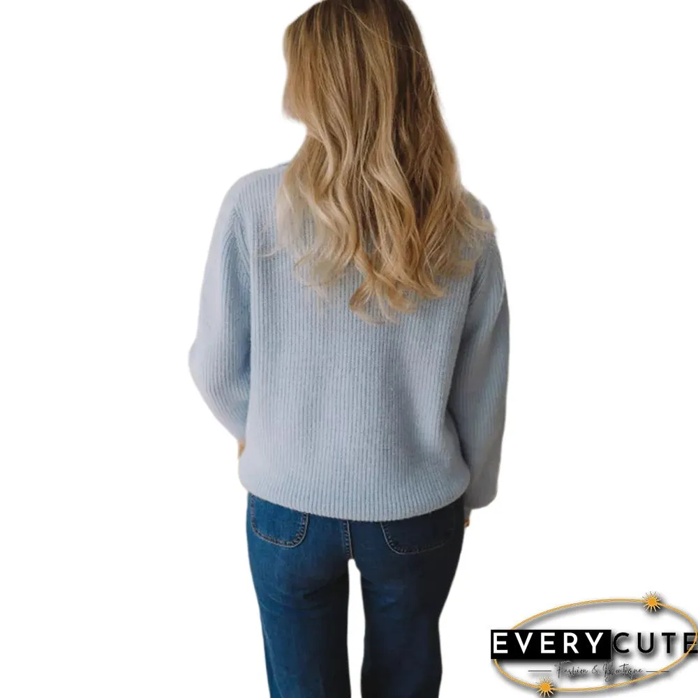 Light Blue Zipper-up Lantern Sleeve Sweater