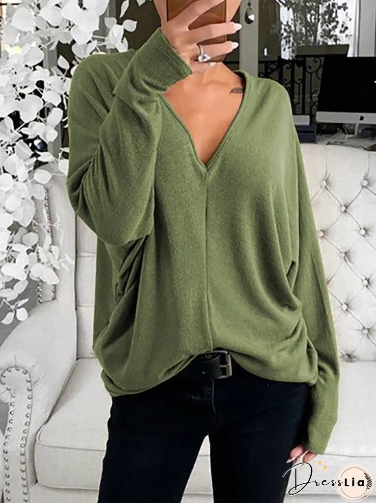 Women's T-Shirts Simple V-Neck Off-Shoulder Long Sleeve T-Shirt