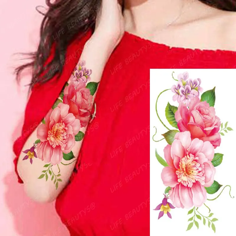 Sdrawing Temporary Flower Tattoos Women Fashion Beauty Rose Butterfly Flash 3D Fake Tattoo Arm Sleeve Pink Blue Sticker Girl