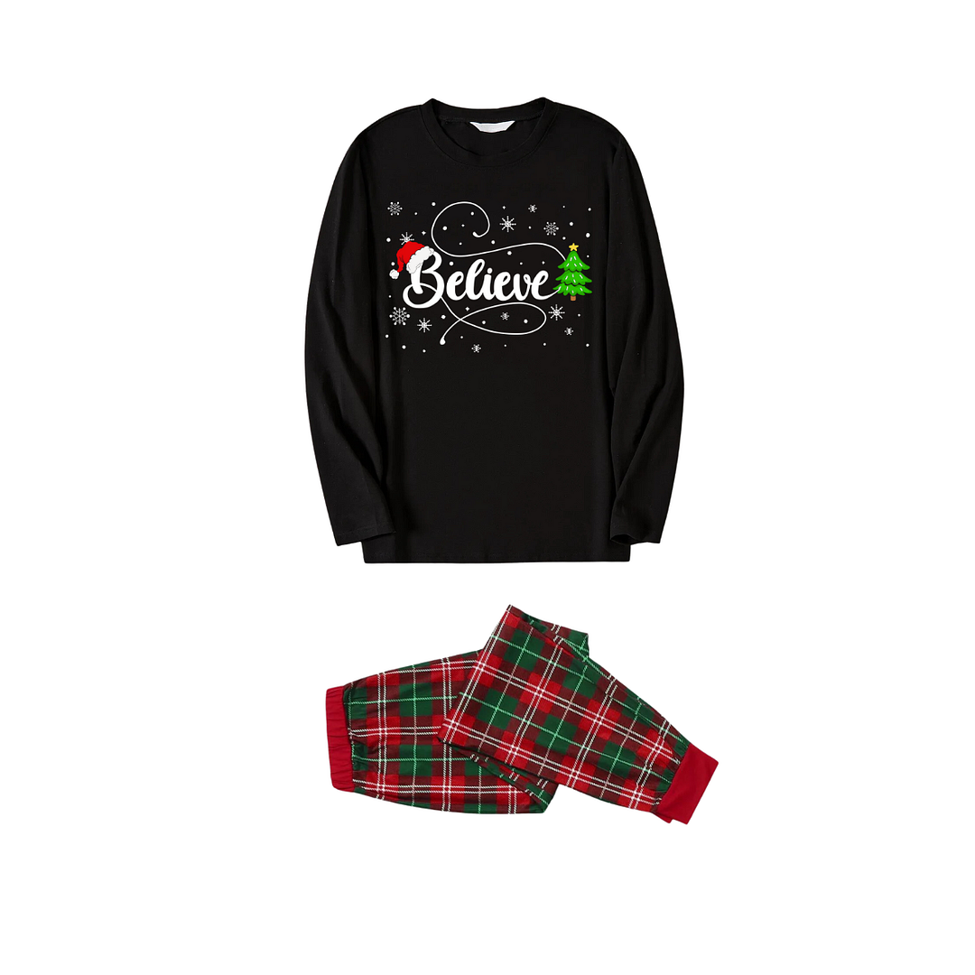 Belive Text and Santa Hat Pattern Black Top Red and Green Plaid Family Matching Pajamas