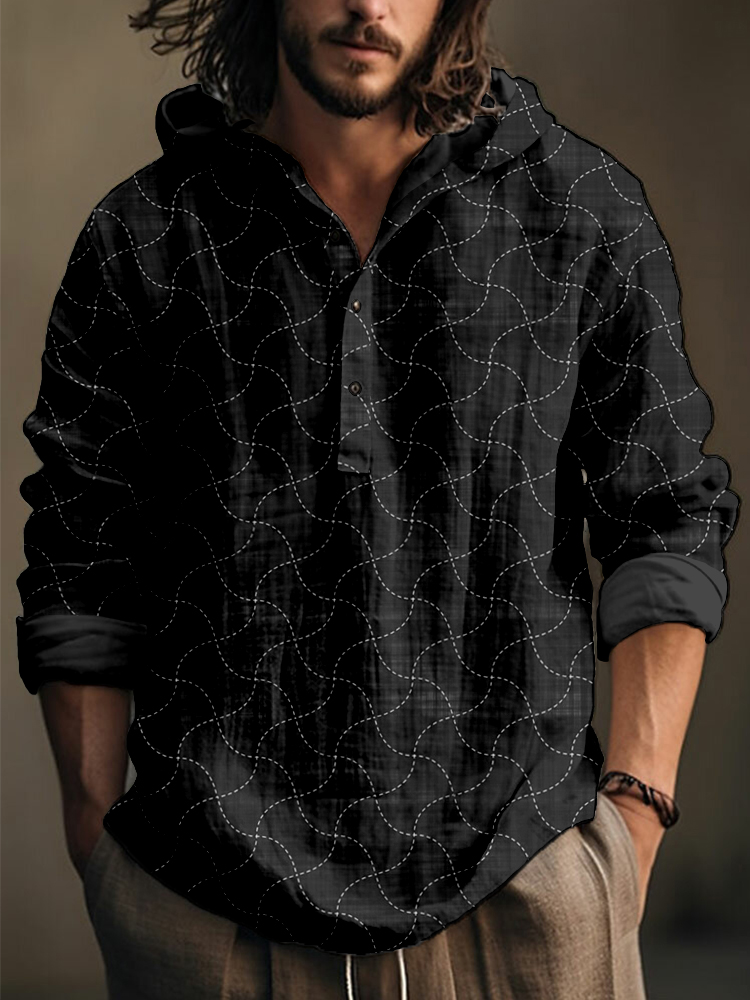 Japanese Sashiko Geometric Art Linen Blend Hooded Shirt  artssus