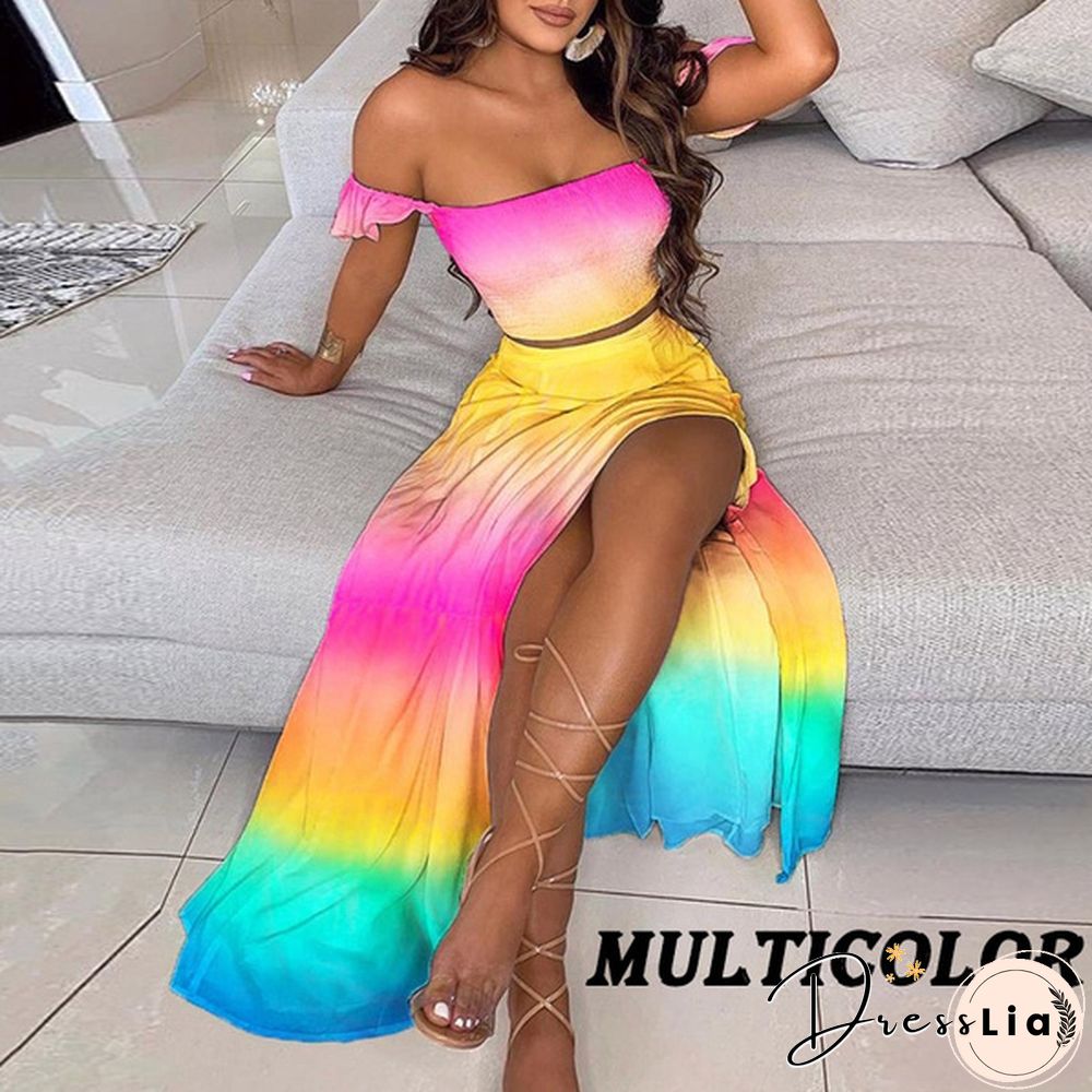 New Women's Sexy Tube Top Print Dress Split Long Skirt Summer Off-Shoulder Beach Dress Mini Skirt Set Plus Size