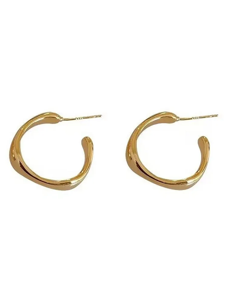 Minimalist C - Shape Hoop Earrings in a Polished Gold Metal Finish