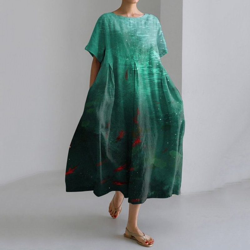 Fish Art Print Round Neck Short Sleeve Casual Midi Dress