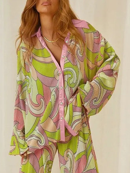 Unique Painted Print Pleated Loose Shirt
