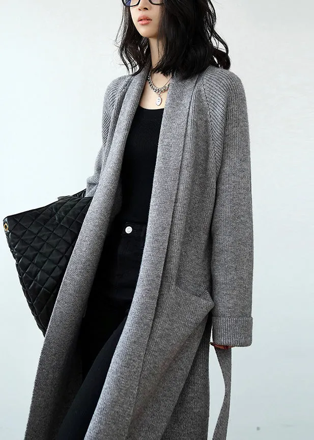 Chic Grey Pockets Tie Waist Knit Loose Cardigans Spring