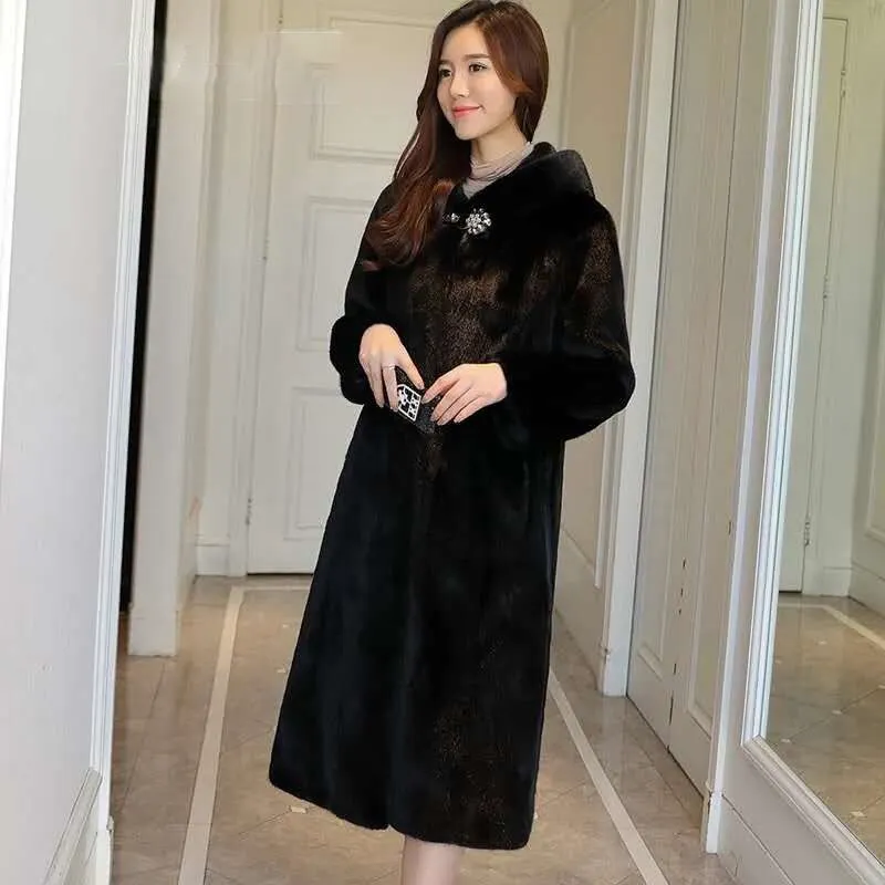Imitation Fur Coat Women's Mink Fur Coat Women's Long Hooded 2021 Single Button Autumn And Winter Thickened And Slim Warm Coats