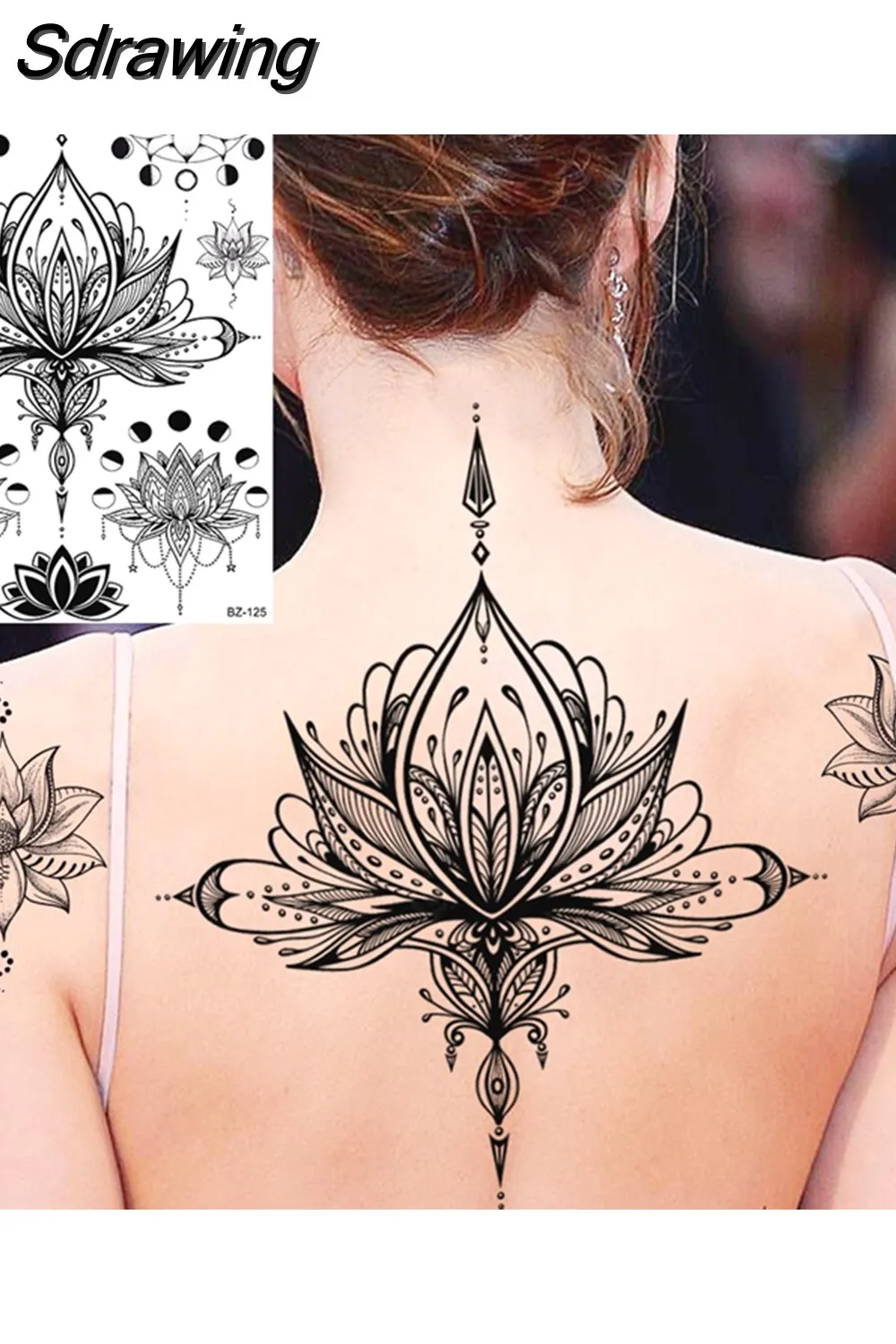 Sdrawing Peony Flower Temporary Tattoos For Women Adults Realistic Compass Moon Pendant Fake Tattoo Sticker Arm Body Tatoos 507-1