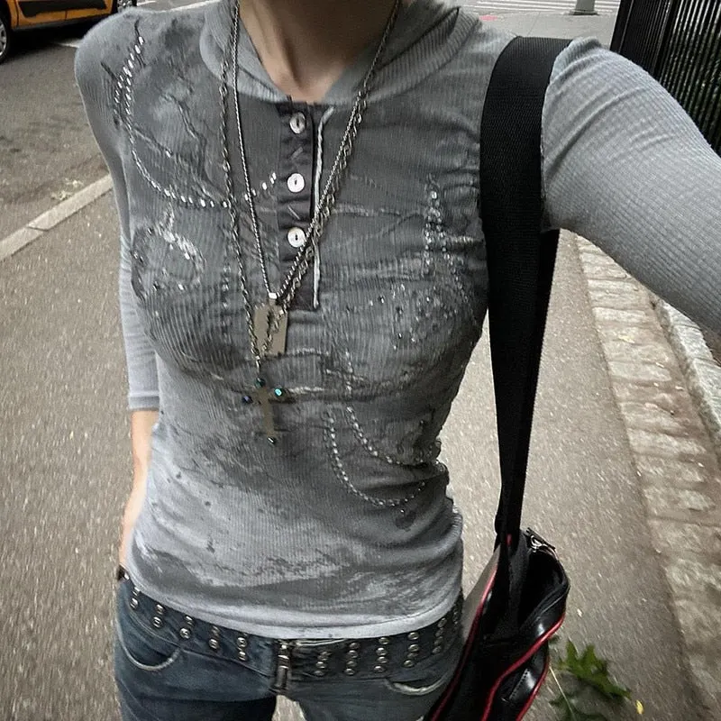 Xingqing Grunge Fairycore Top Gray Button Long Sleeve T Shirt Aesthetic Harajuku Chic Tee Women Korean Cloth Vintage Clothes