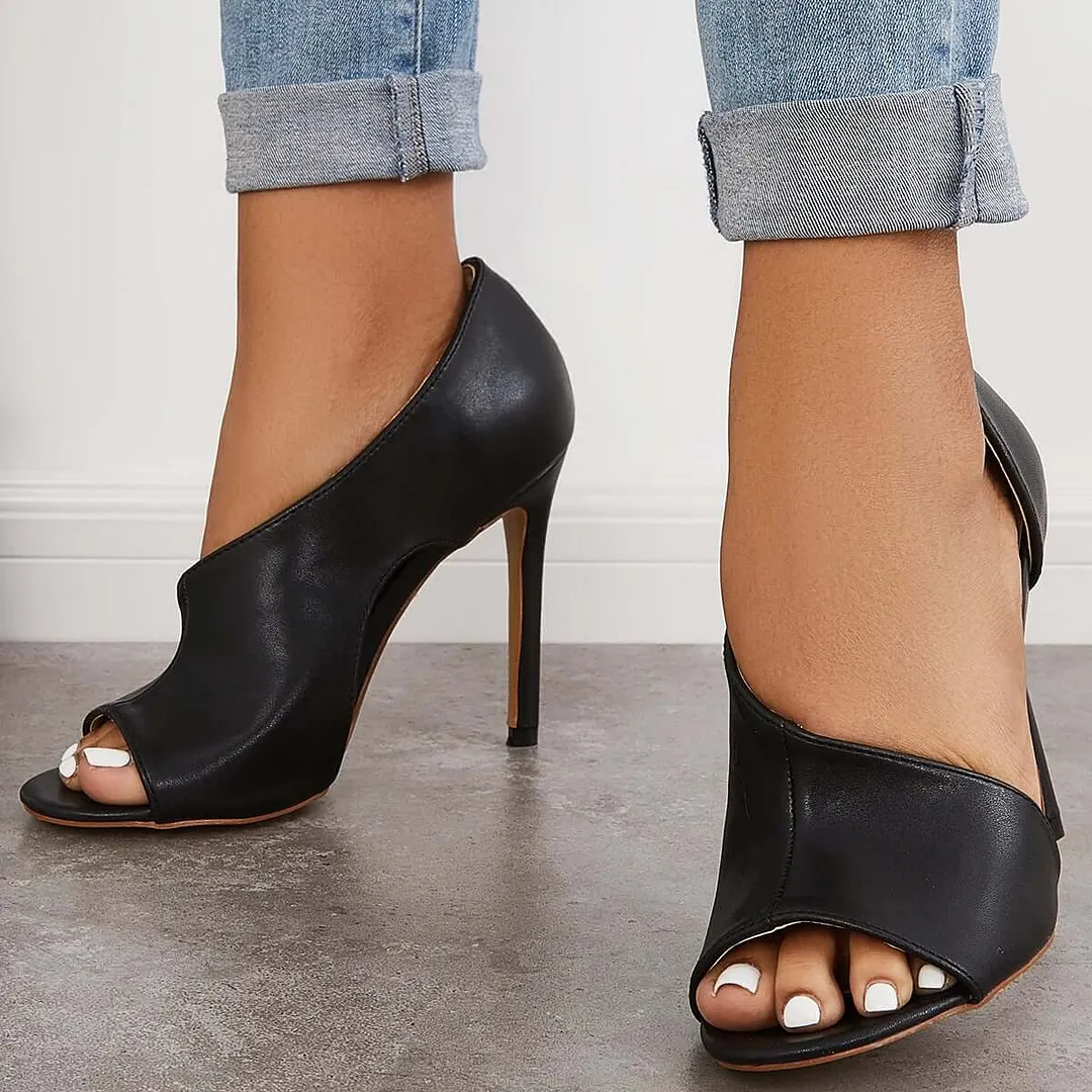 Black Cut Out Stiletto High Heels Peep Toe Dress Pumps