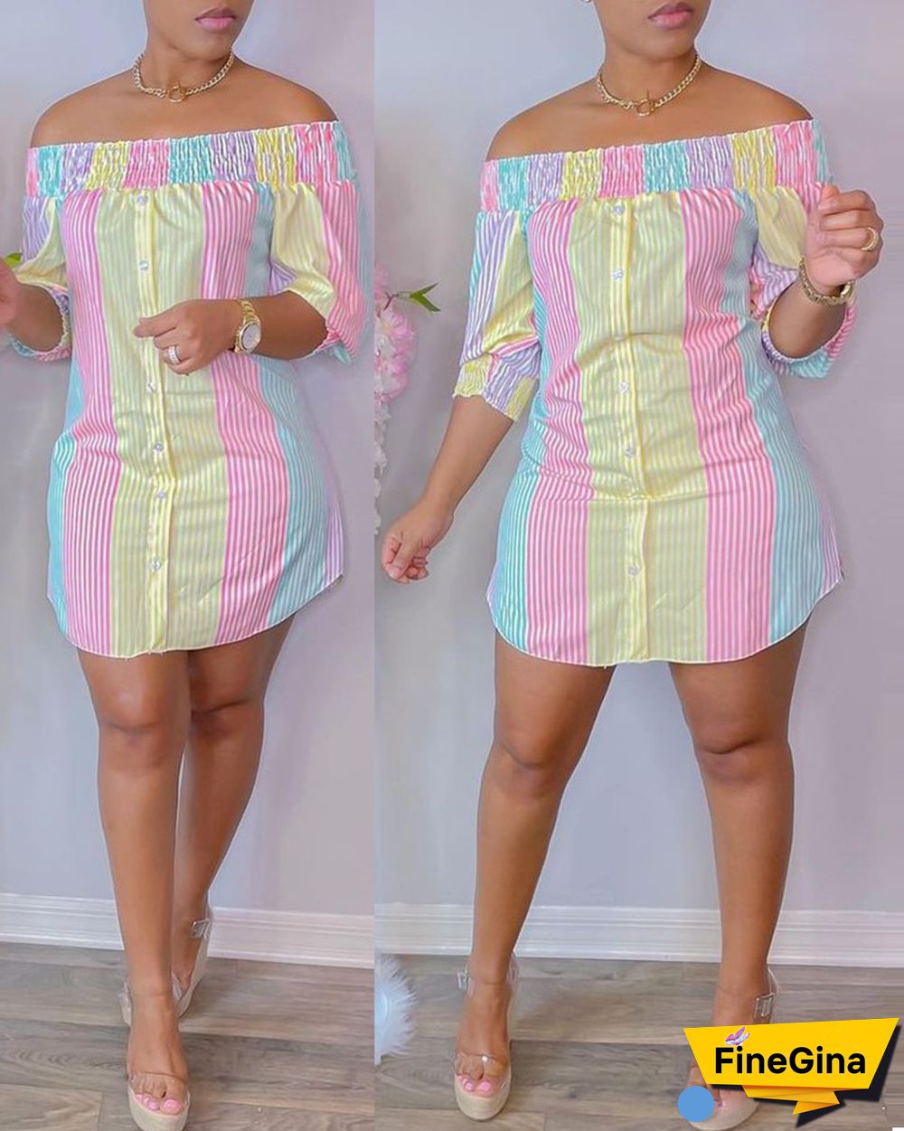 Striped Print Colorblock Shirred Buttoned Casual Dress