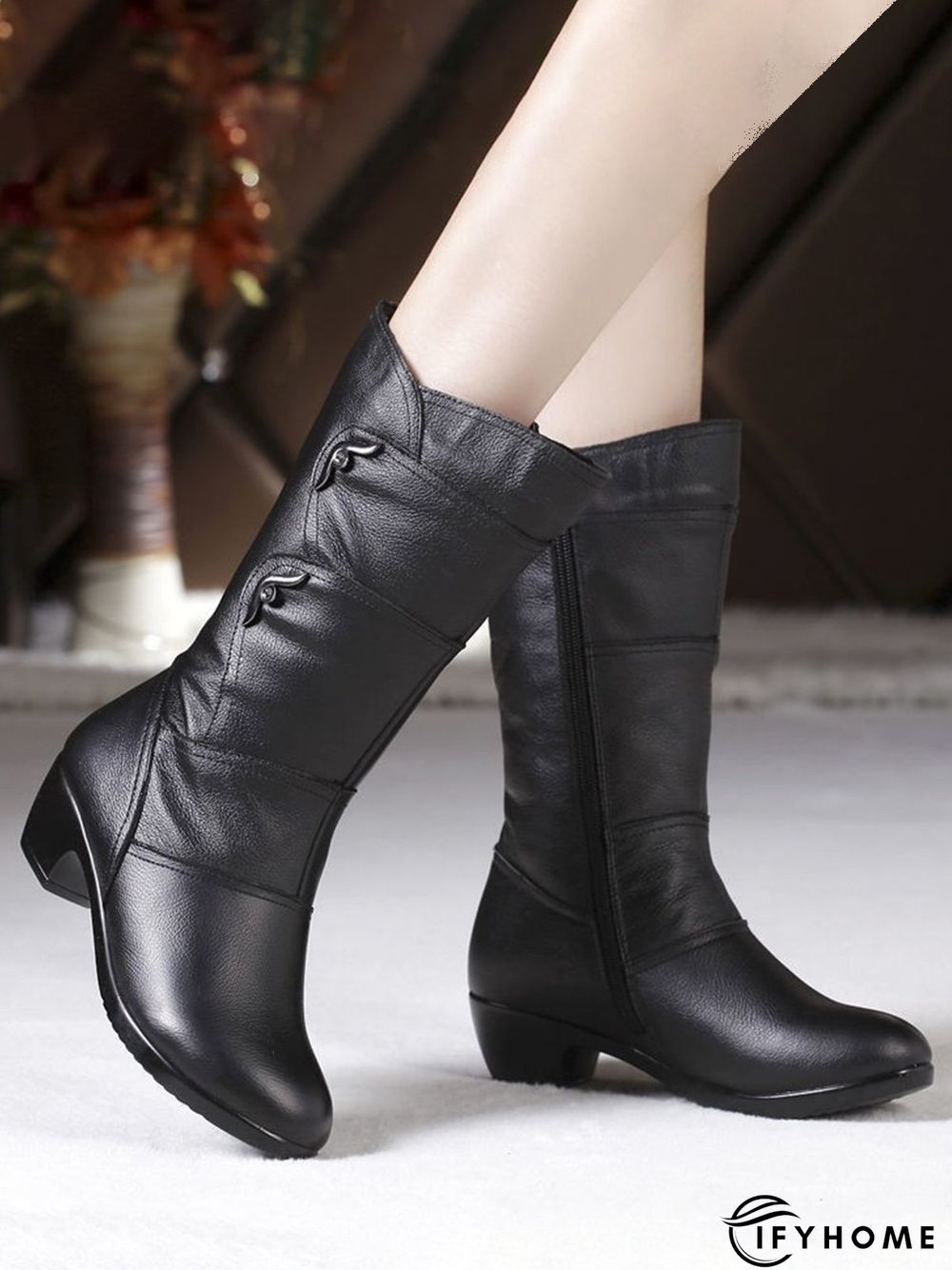 Black Rhinestone Metal Plush Warm Thick Heel Boots | IFYHOME