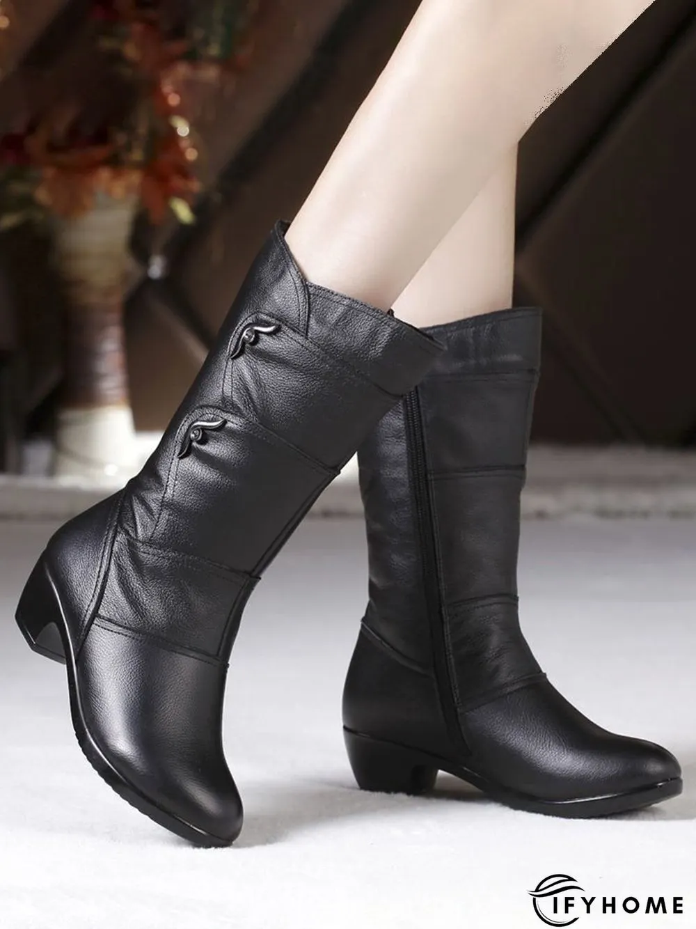 Black Rhinestone Metal Plush Warm Thick Heel Boots | IFYHOME