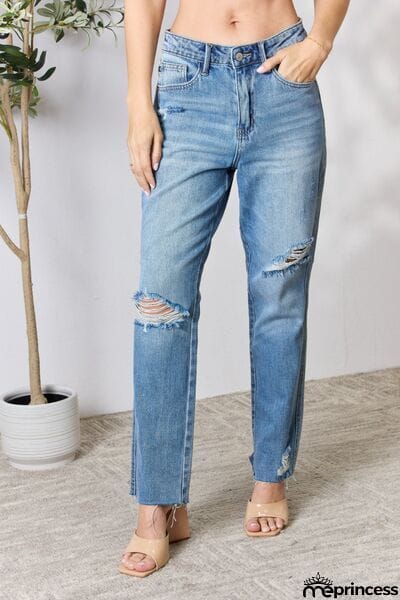 Judy Blue Full Size Distressed Raw Hem Straight Jeans