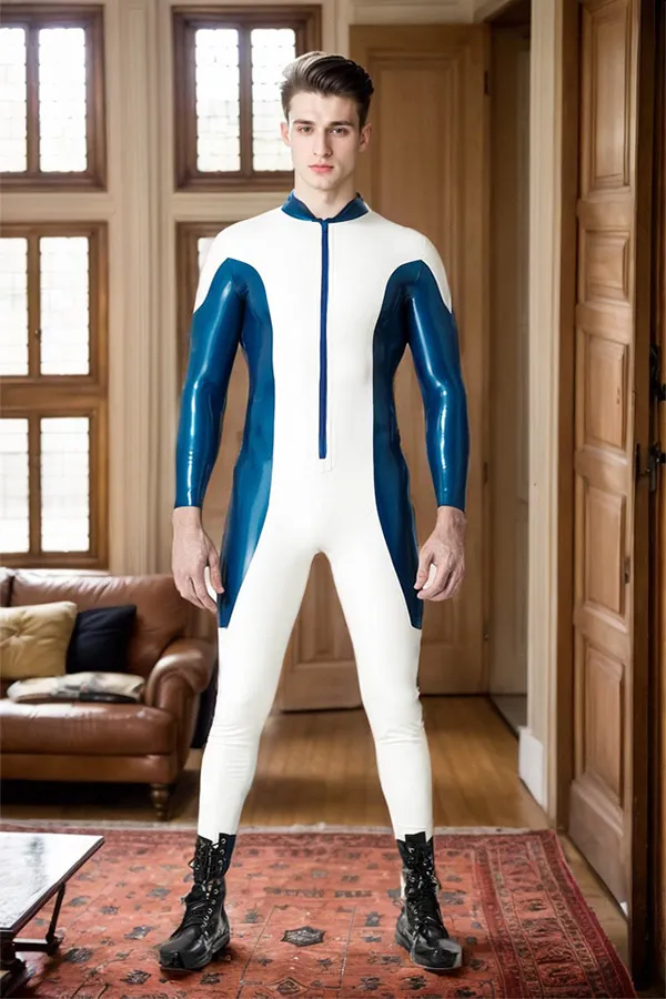 Men Latex Catsuits Male Upper Class Catsuit Blue  white Exercise Catsuit