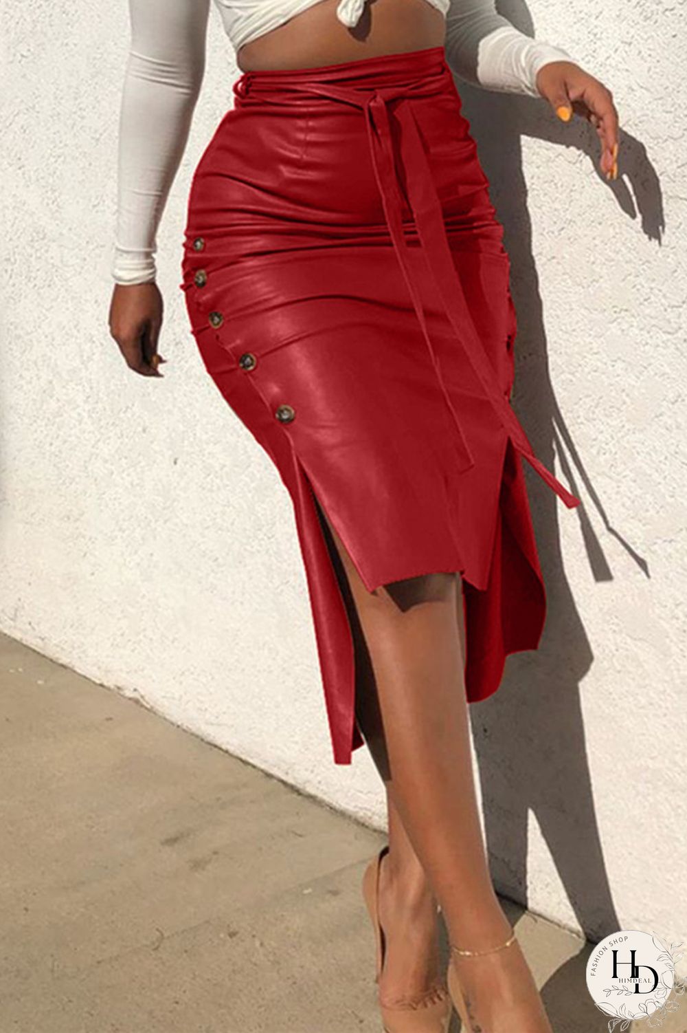 Blue Brown PU Drawstring Sleeveless High Patchwork Solid bandage Split A-line skirt Capris Bottoms