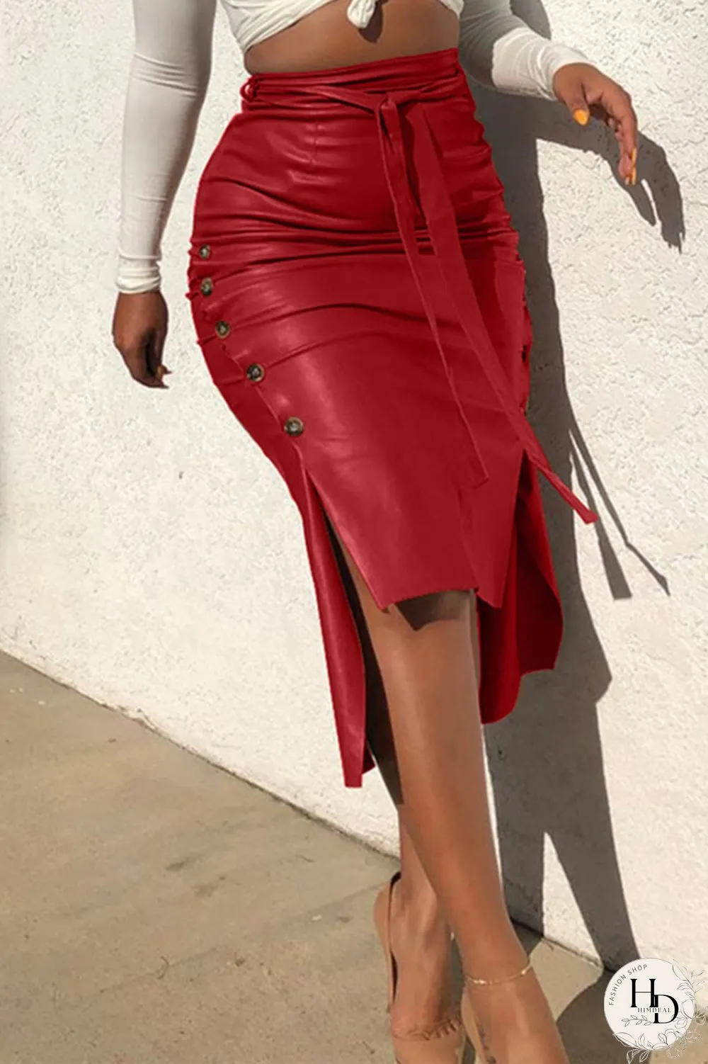 Blue Brown PU Drawstring Sleeveless High Patchwork Solid bandage Split A-line skirt Capris Bottoms