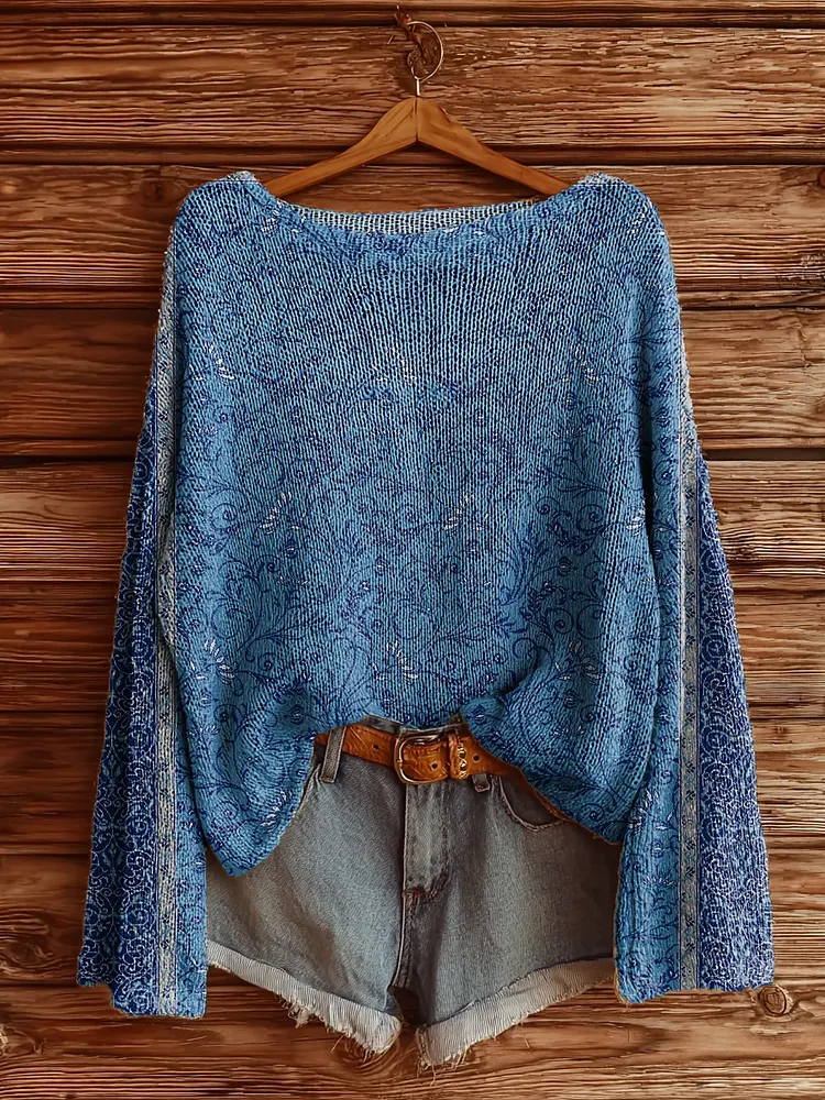 Women's Vintage Ethnic Floral Art Print Casual Pullover Sweater