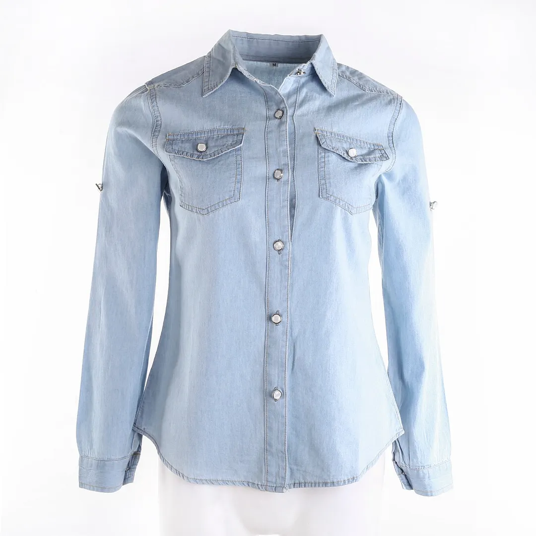 Women Casual Soft Denim Long Sleeve Button Shirt Tops Blouse with Pockets 2021 Summer Fashion Clothing Femenino Camisas De Mujer