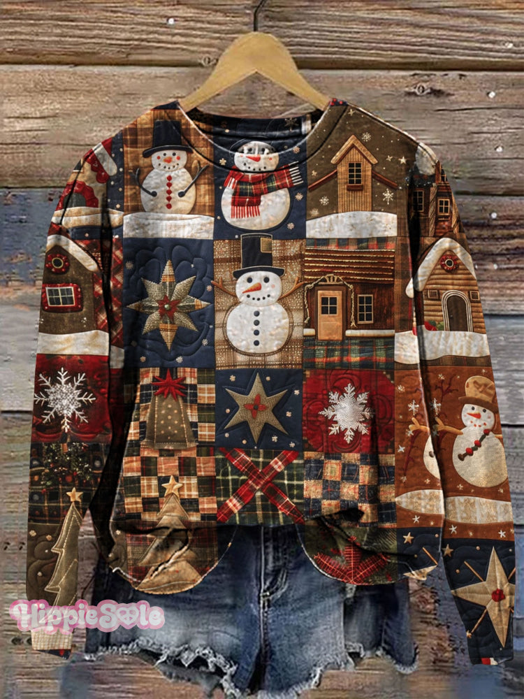 Retro Christmas Patchwork Art Prrint Casual Sweatshirt Multicolor / S