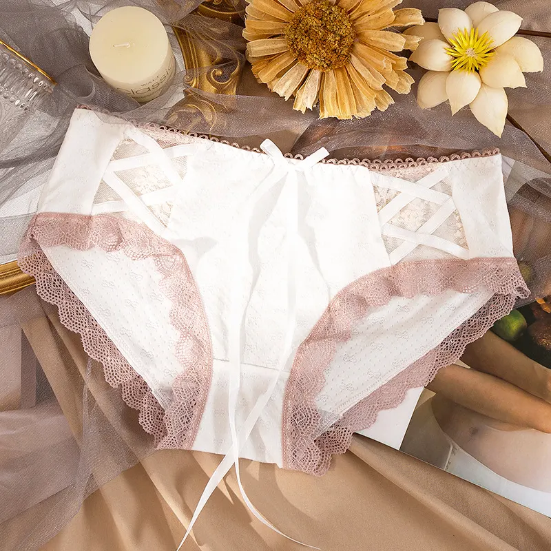 Billionm Girl Briefs Summer Thin Bow Tie Sling Hollow Lace Cotton Crotch Student Cute Candy Color Fashion and Comfortable WOMEN Loli
